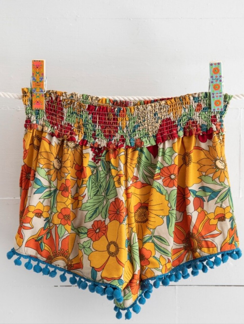 Natural Life Pom Pom Trim Shorts Tropical Print